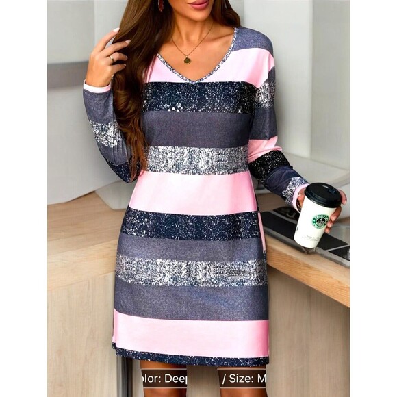 Women’s Drop Shoulder Colorblock V-Neck LS Loose Casual Dress Pink Grey New XL - Picture 2 of 8